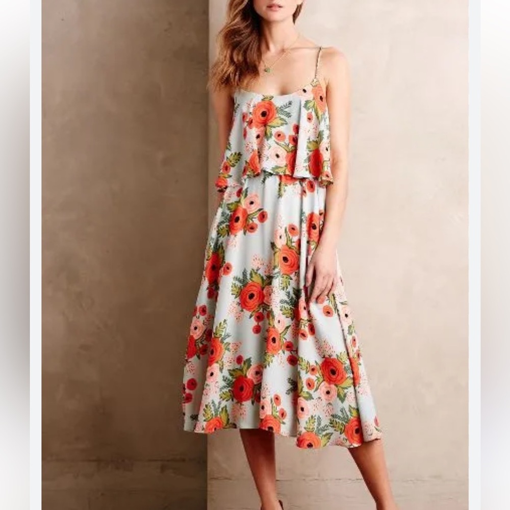 Rifle Paper Co. Floral Midi Dress in Light Blue with Coral & Pink Blooms